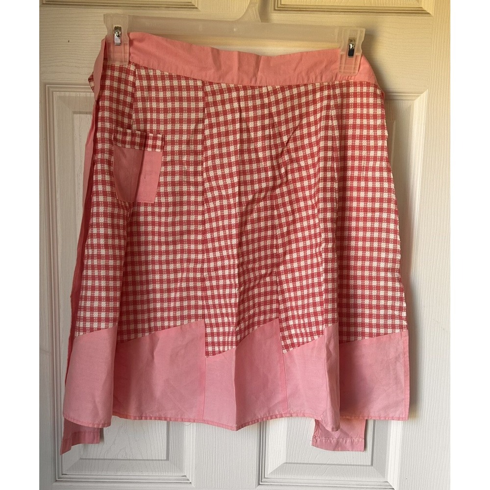 Vintage Handmade Cotton Pink Gingham Check Half Apron Pink & White Diner‎ BxQ